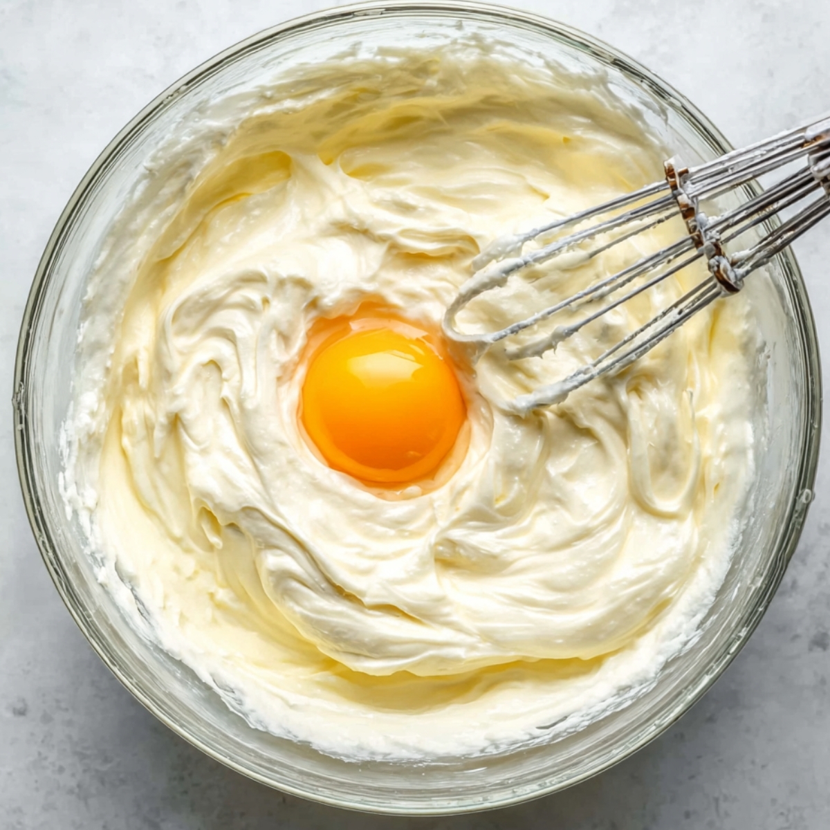 Top-down view of a glass mixing bowl filled with smooth cream cheese batter and a raw egg in the center, with an electric hand mixer resting inside the bowl on a light countertop.