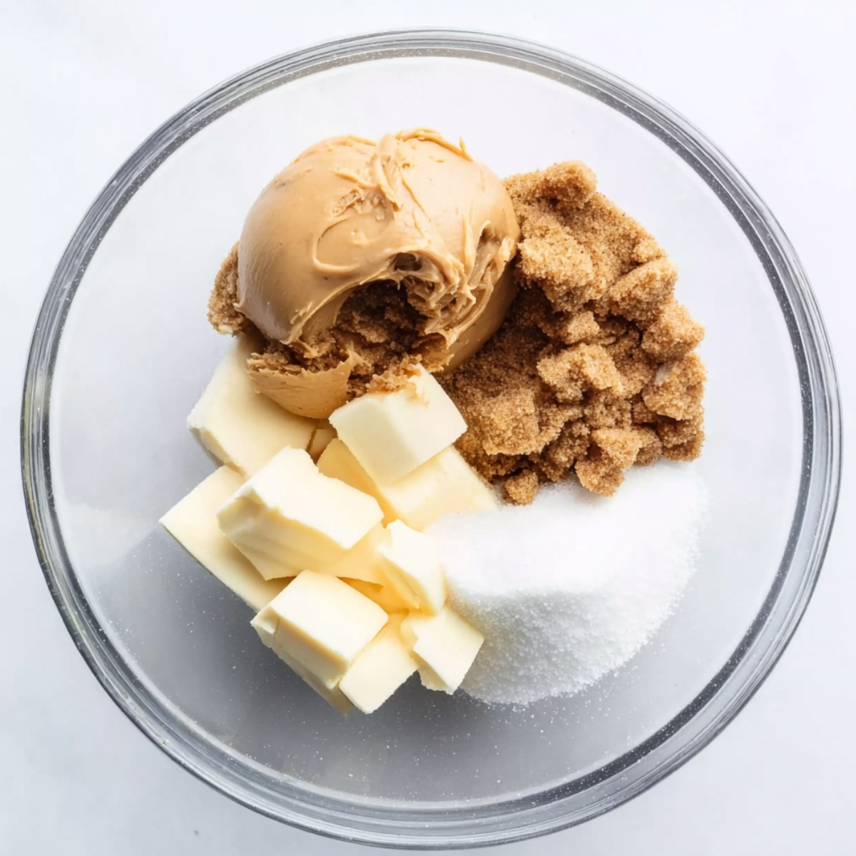 Glass mixing bowl containing cubed butter, brown sugar, white sugar, and a scoop of Biscoff cookie butter before mixing.