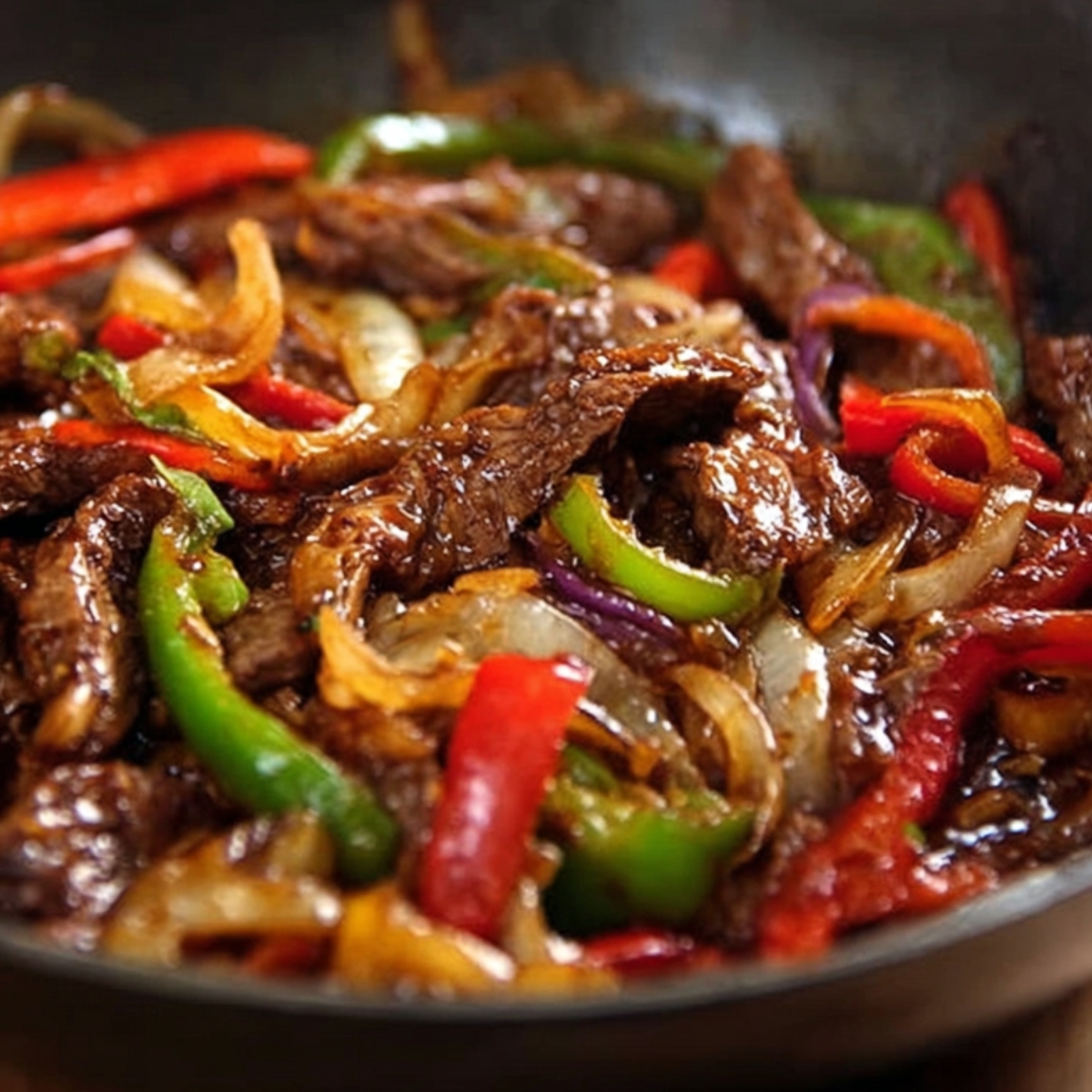 A sizzling, savory black pepper beef stir-fry filled with vibrant red and green bell peppers, onions, and tender beef strips, all coated in a glossy, flavorful sauce. The dish is perfect when paired with steamed white rice for a satisfying meal.