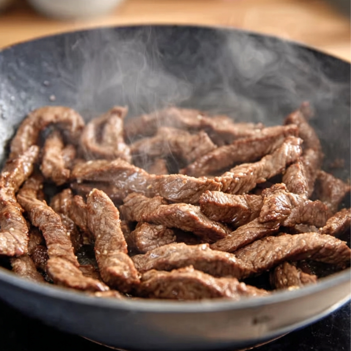 A close-up of sizzling beef strips stir-fried with onions in a wok, with a rich black pepper sauce that gives the dish a deliciously bold and savory flavor. The beef is perfectly tender, with caramelized onions enhancing the taste.