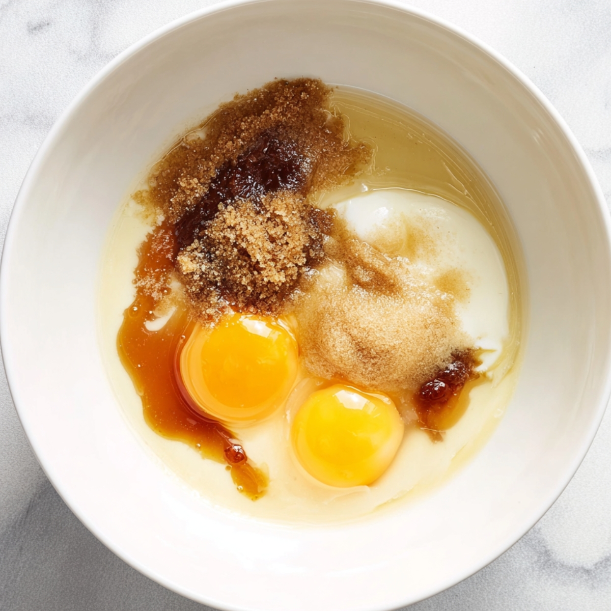 Close up of wet ingredients mixed in a bowl – A blend of eggs, brown sugar, and liquids, ready to be combined for baking.