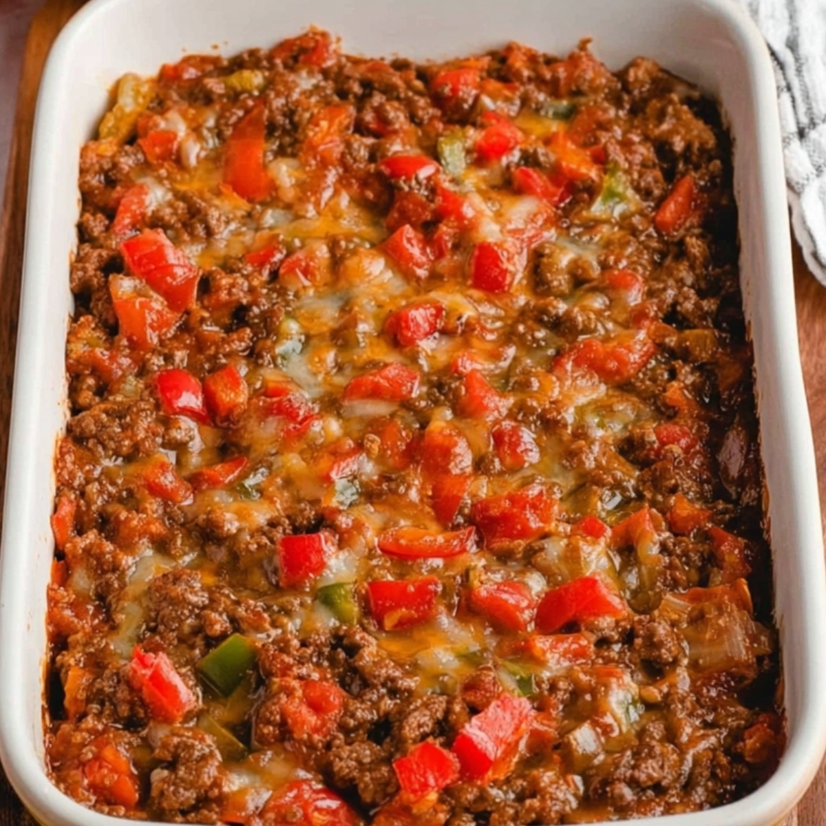 Design a casserole using ground beef, bell peppers, onions, and a blend of cheeses. The recipe should focus on simple, wholesome ingredients, and be easy to prepare for a weeknight dinner. Suggest ways to incorporate different veggies or seasonings for added variety.