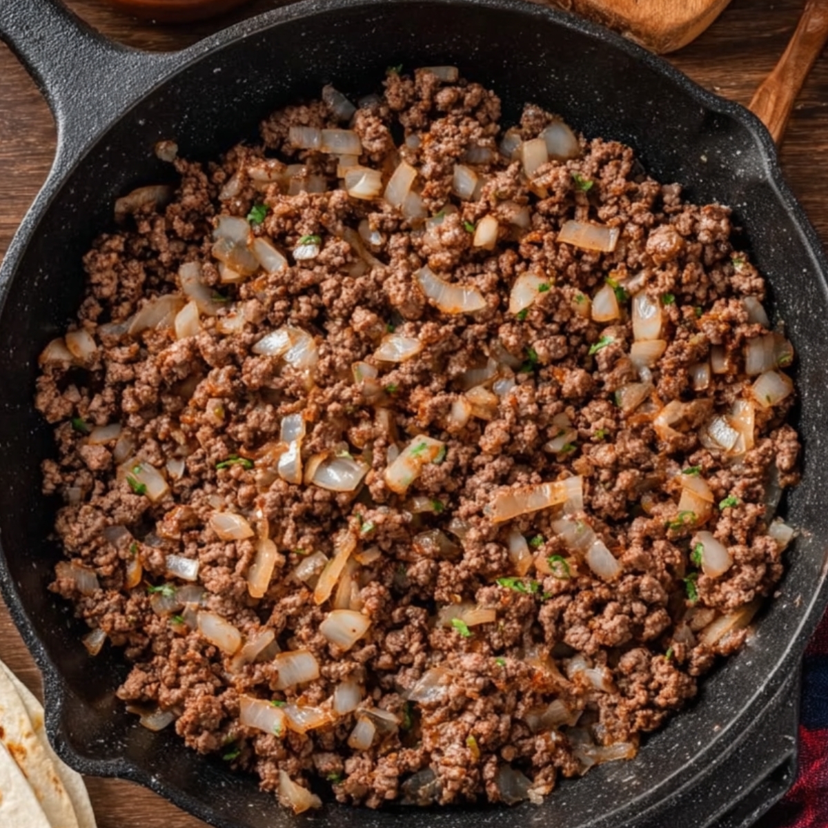 Create a recipe that features ground beef and onions cooked in a skillet. The dish should be versatile, ideal for tacos, wraps, or as a filling for baked dishes. Offer suggestions on adding additional seasonings or veggies to enhance the flavors.