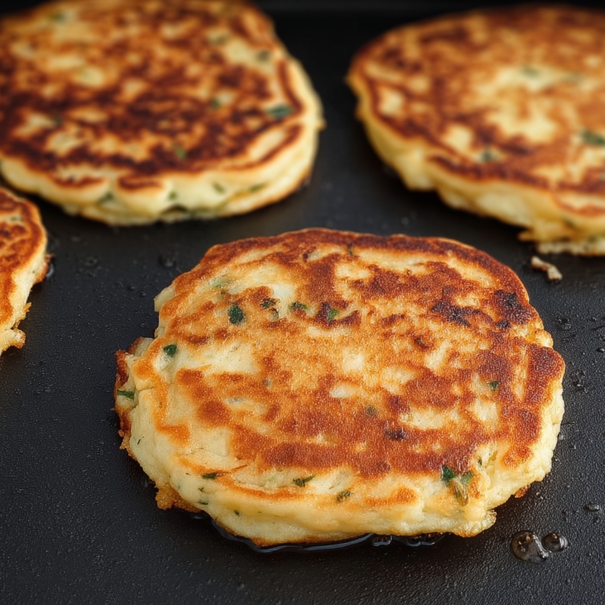 The pancakes are being cooked on a griddle, showing their golden brown crusts. The texture is light and fluffy, with flecks of green chives throughout. The pancakes are cooking evenly, getting that perfect crispy texture on both sides.