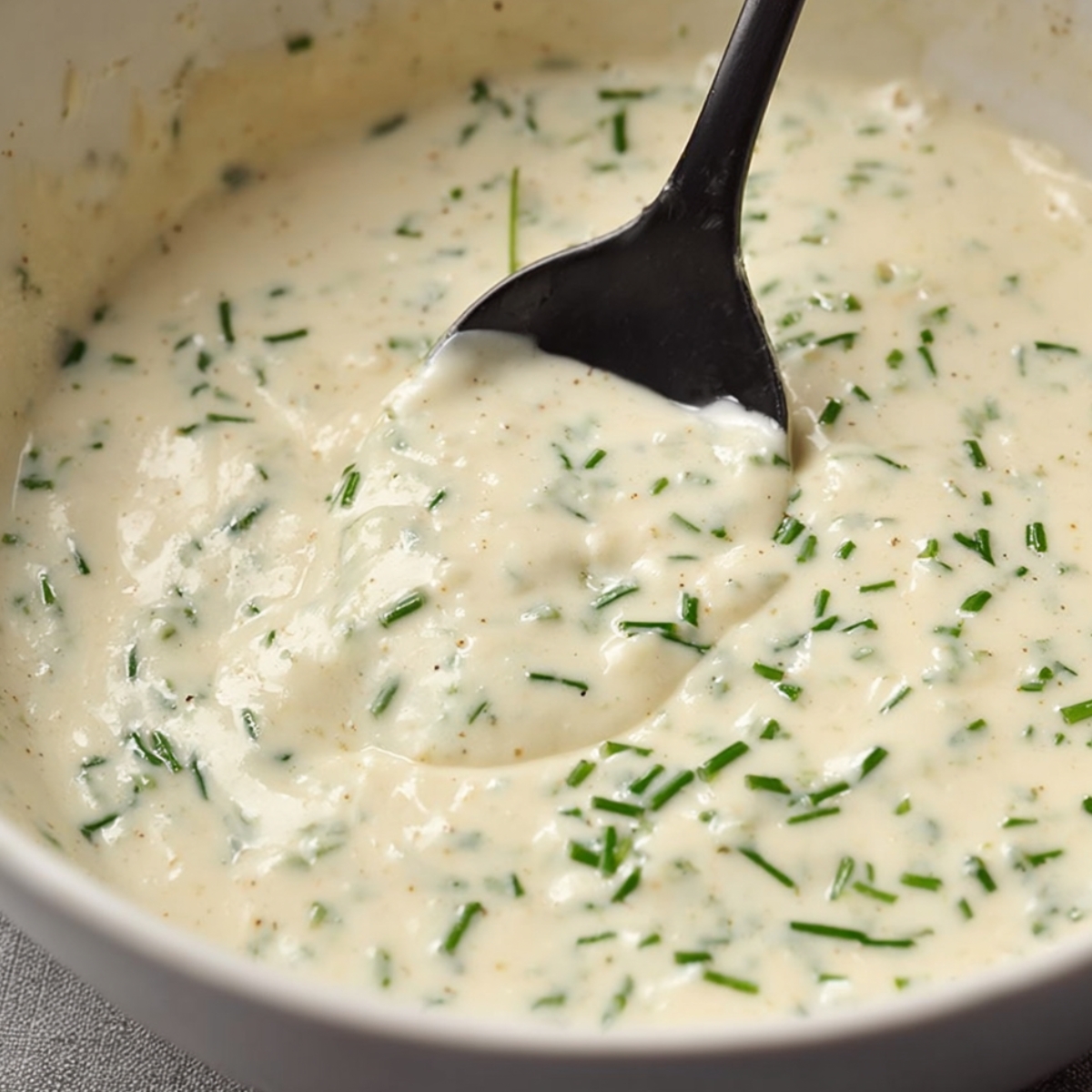 A close-up of pancake batter mixed with finely chopped chives. The batter is smooth and slightly thick, ready to be ladled onto the griddle for cooking. The fresh chives stand out in the batter, adding a burst of color and flavor.