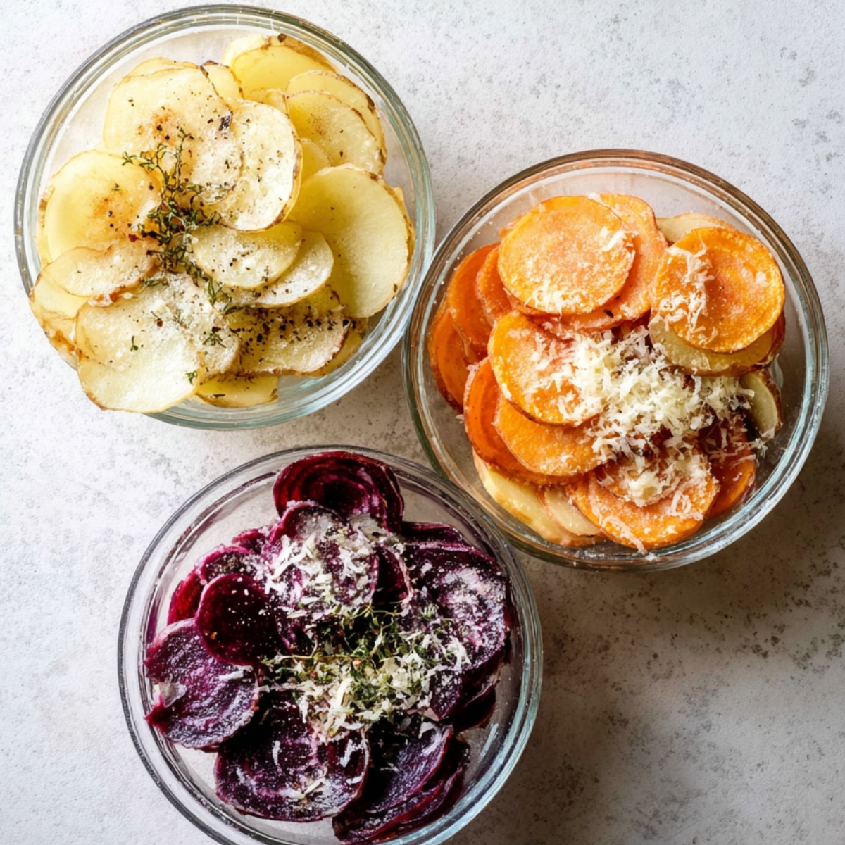 Thinly sliced root vegetables, from creamy potatoes to sweet carrots and earthy beets, are the key to a perfectly layered gratin. The even slices allow for a smooth blend of flavors and a satisfying texture as they bake to perfection with cheese.