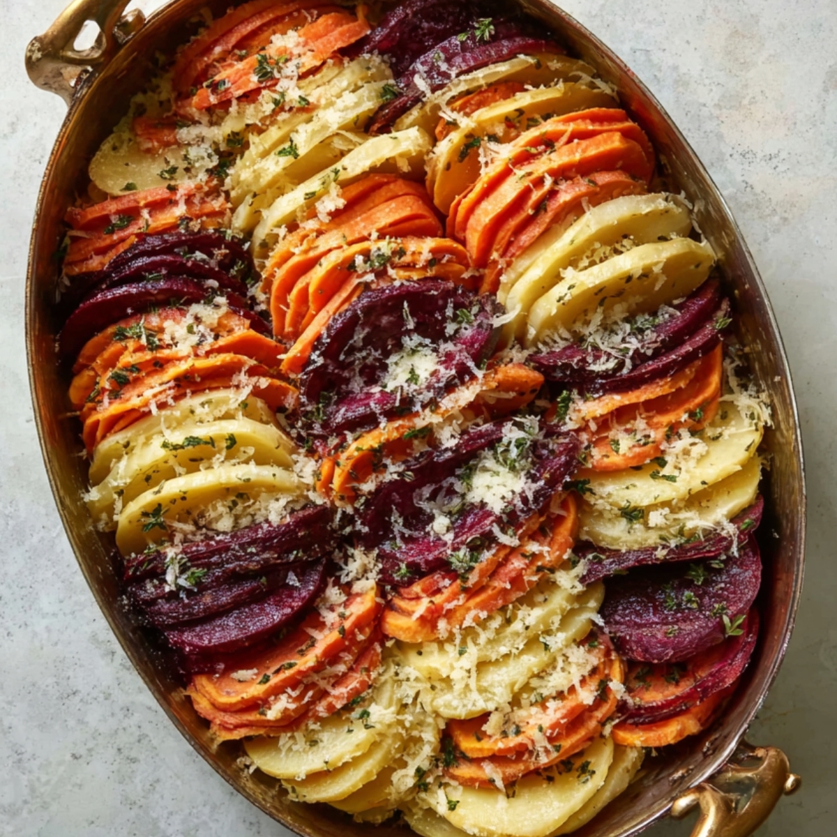 The gratin is out of the oven, golden-brown and bubbly. These layered root vegetables are topped with a savory, cheesy crust and herbs, making it the perfect side dish that complements any main course.