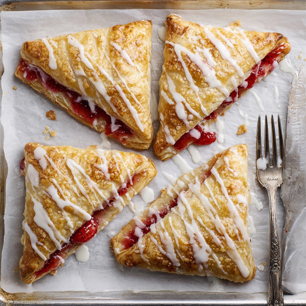 Close up of freshly baked cherry turnovers, drizzled with a sweet glaze, with a fork gently cutting into one of the golden pastries, revealing the delicious cherry filling inside.