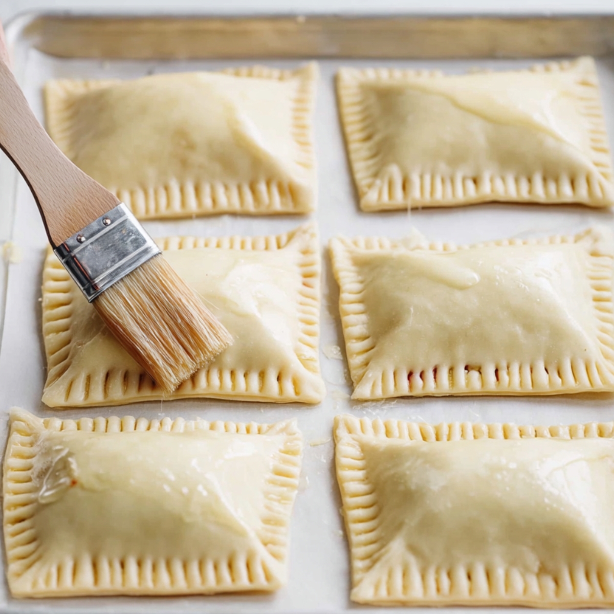 close up of hand brushing egg wash onto perfectly crimped pastry triangles, preparing them for the oven to achieve a golden, shiny finish.