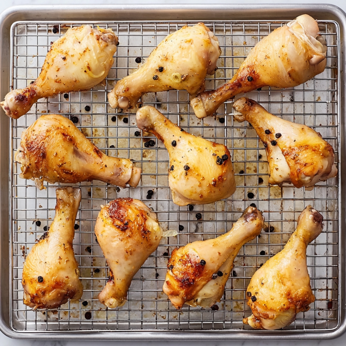 Cooked chicken drumsticks resting on a metal wire rack over a baking sheet, lightly browned and drained after simmering in adobo marinade.