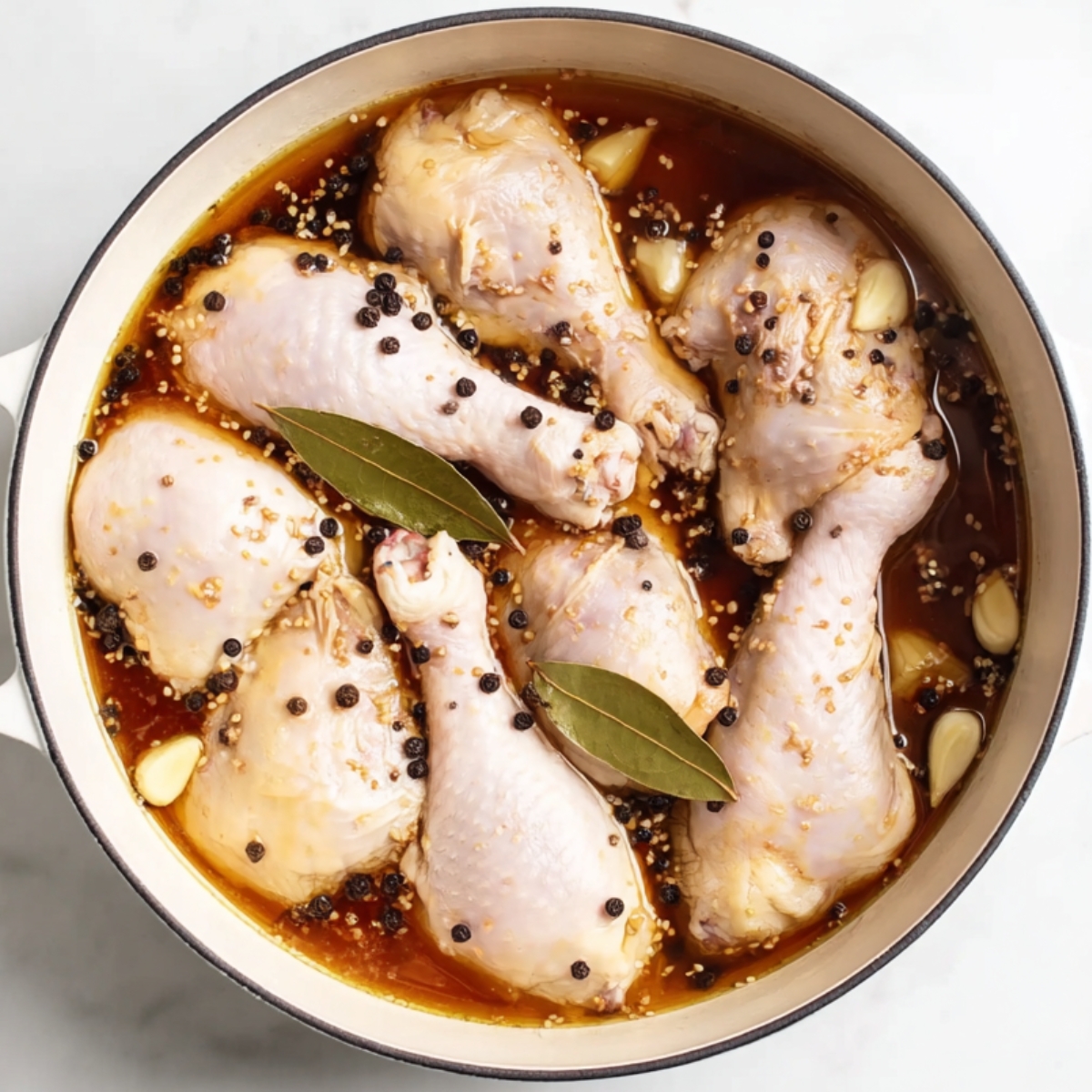 Raw chicken drumsticks marinating in soy sauce and vinegar with garlic, bay leaves, and whole black peppercorns in a white Dutch oven on a marble countertop.