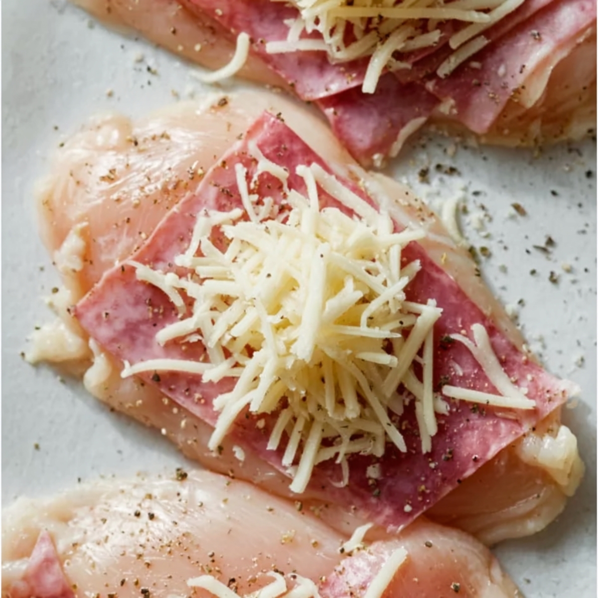 Raw chicken breasts layered with thin slices of ham and shredded cheese in the center, seasoned with black pepper, ready to be rolled for chicken cordon bleu preparation.