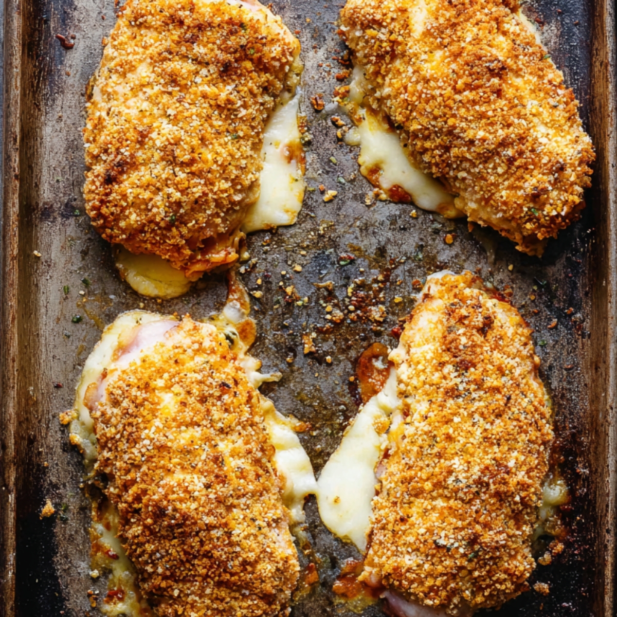 Four baked chicken cordon bleu pieces with golden crispy breadcrumb coating on a dark, well-used baking sheet, with melted cheese oozing onto the pan.