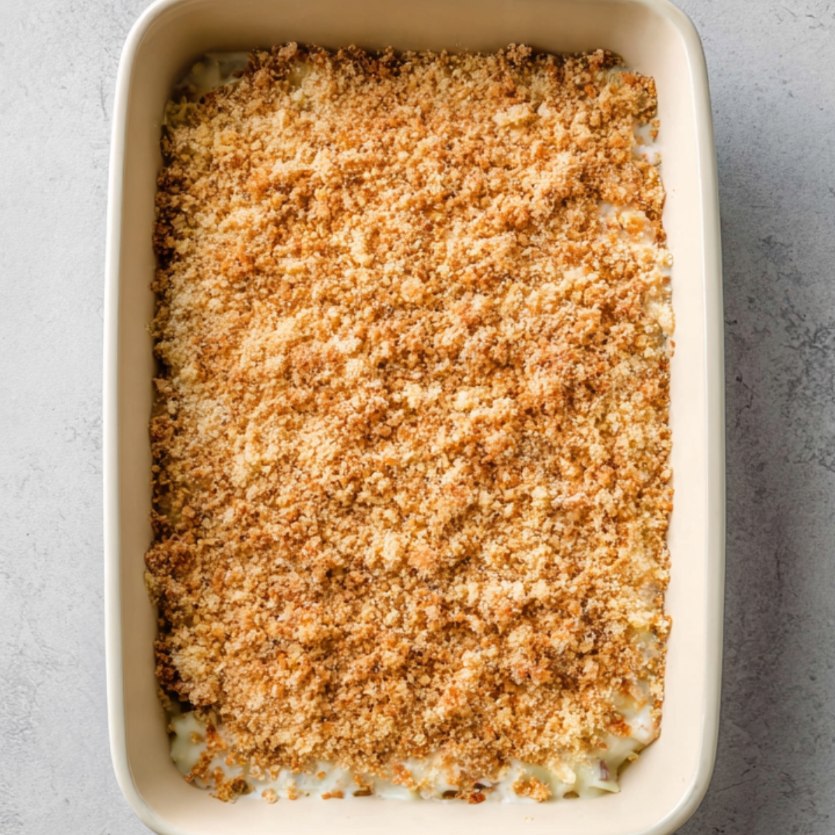 The Chicken Divan Casserole before it’s served, showing a golden-brown topping of breadcrumbs baked in the dish.