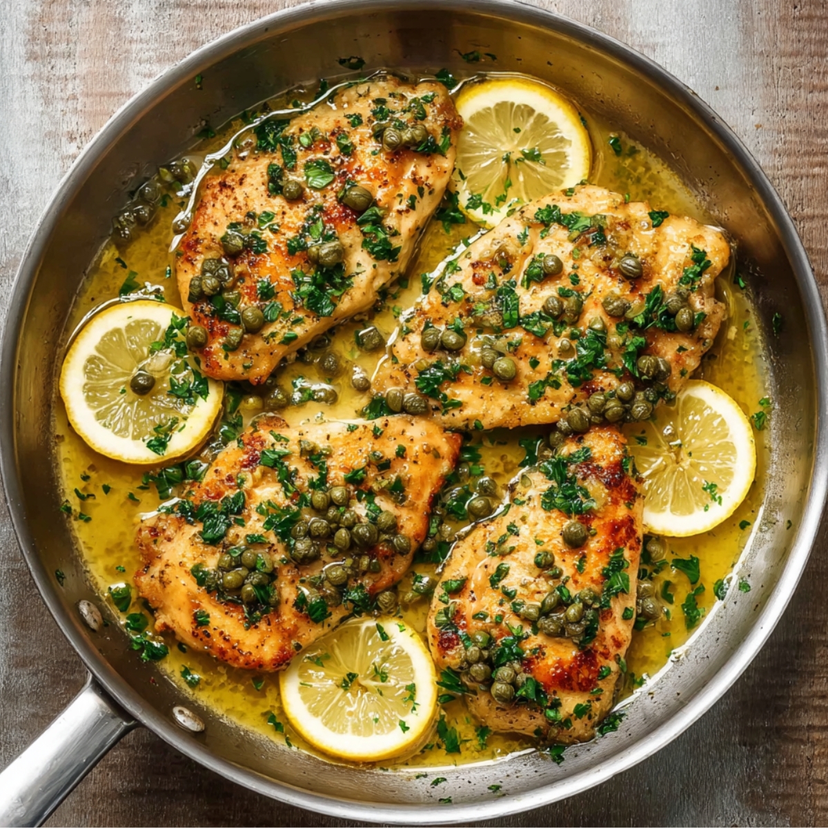 Golden chicken piccata in a stainless steel skillet with lemon slices, capers, and fresh parsley in a rich lemon butter sauce.