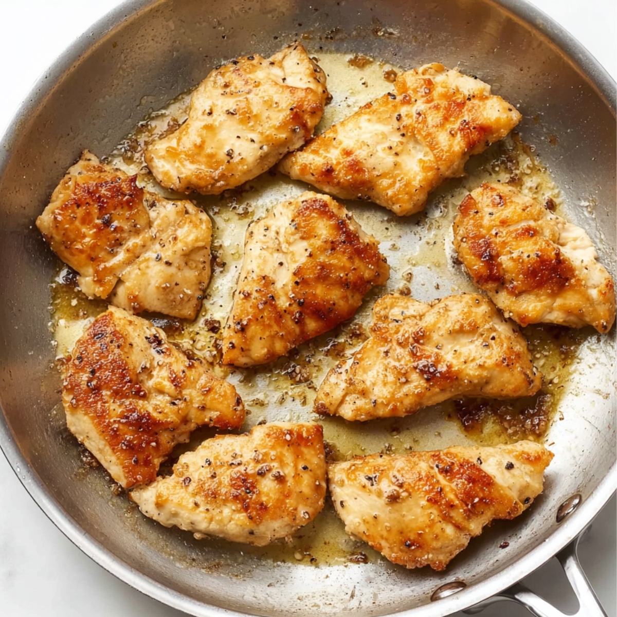 Browning chicken breasts in a skillet with garlic and butter, golden crispy edges forming for homemade chicken piccata recipe.