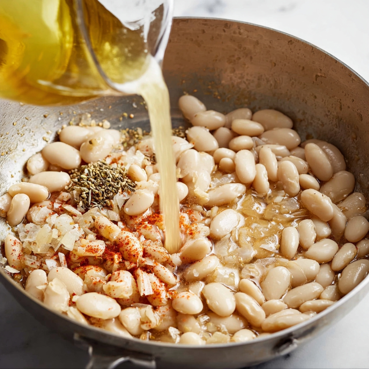 White Bean & Broth Infusion: Close up of white beans, spices, and onions in a pan, as broth is poured in, creating a flavorful base for a hearty dish.