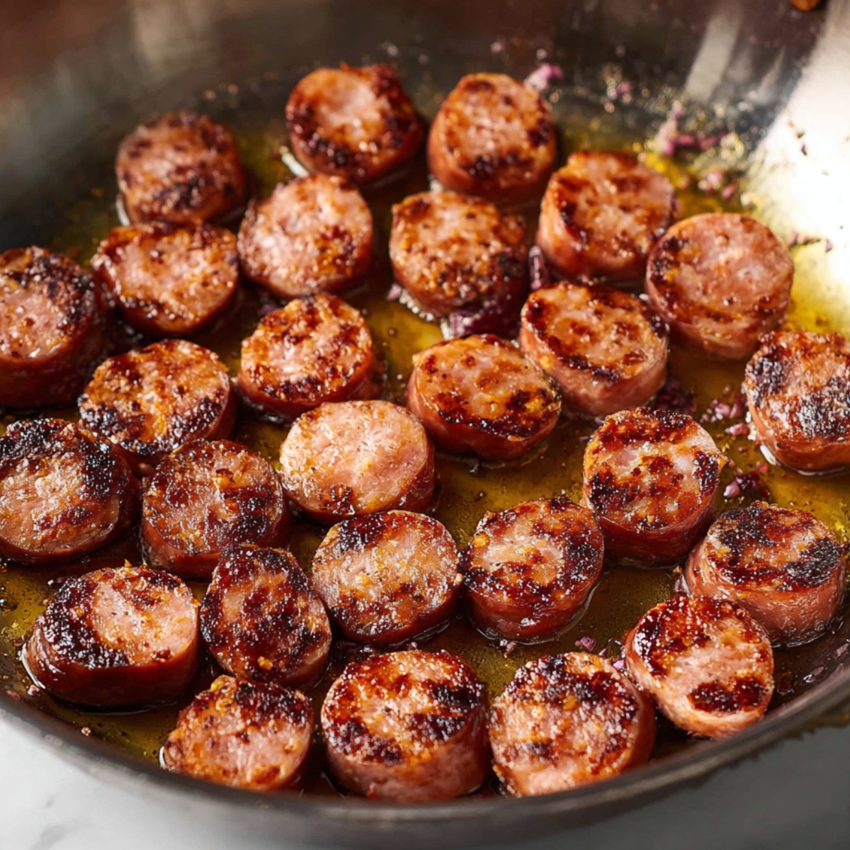 Sizzling Sausage Skillet: Close up of crispy sausage slices sizzling in a pan, showcasing their golden-brown texture, ready to be paired with a savory meal.