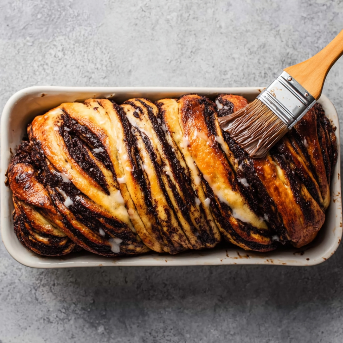 Freshly baked chocolate babka in a white loaf pan being brushed with glaze, highlighting twisted layers of chocolate and dough.