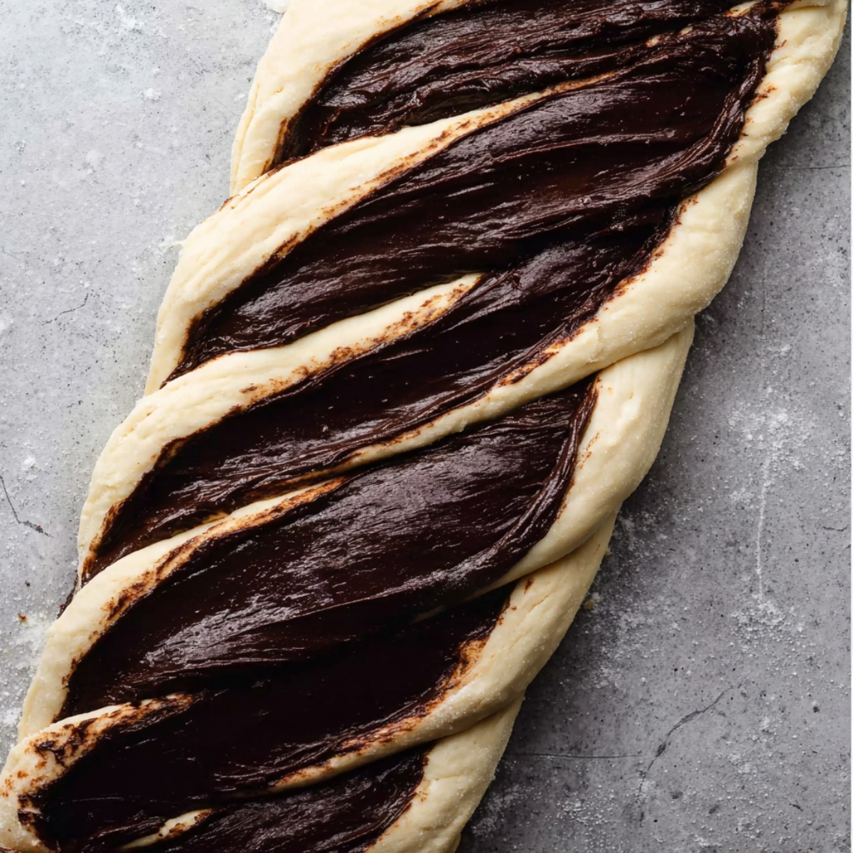 Close-up of braided babka dough before baking, with thick glossy chocolate filling layered between strands of pale dough.