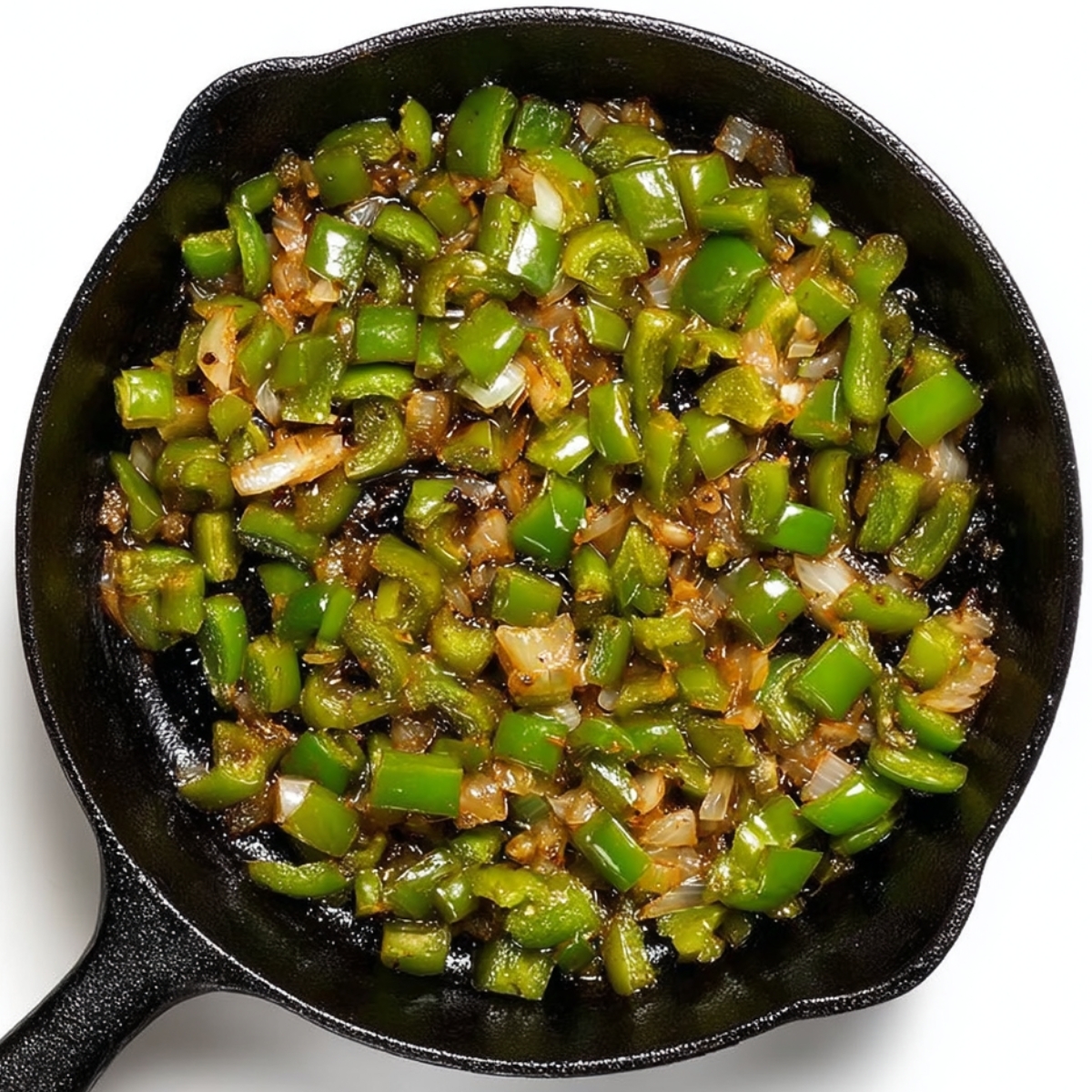 Cast iron skillet with sautéed green bell peppers and diced onions cooked until soft and lightly caramelized.