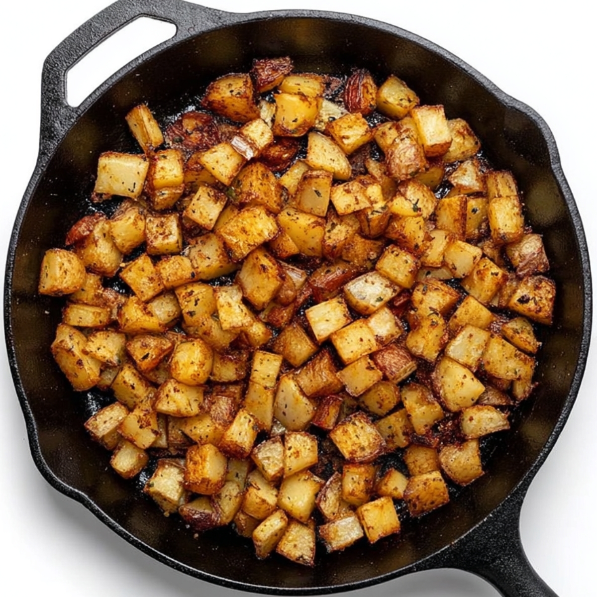 Cast iron skillet filled with crispy golden-brown diced breakfast potatoes seasoned and roasted until caramelized.