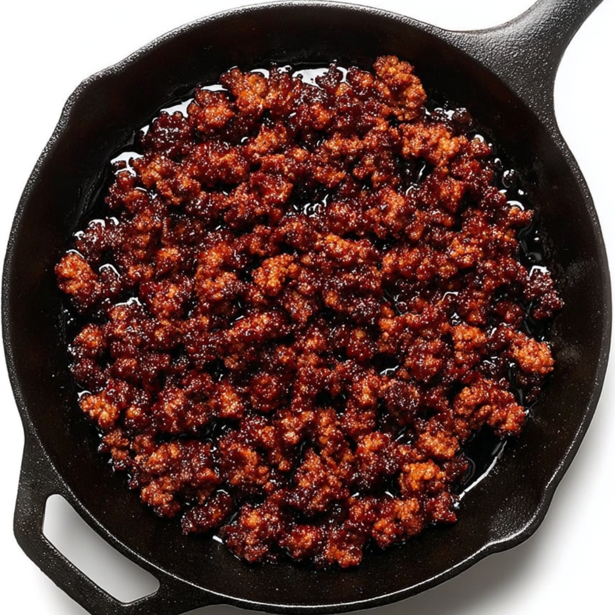Cast iron skillet with browned and crispy crumbled chorizo sausage cooked in its own flavorful oils.