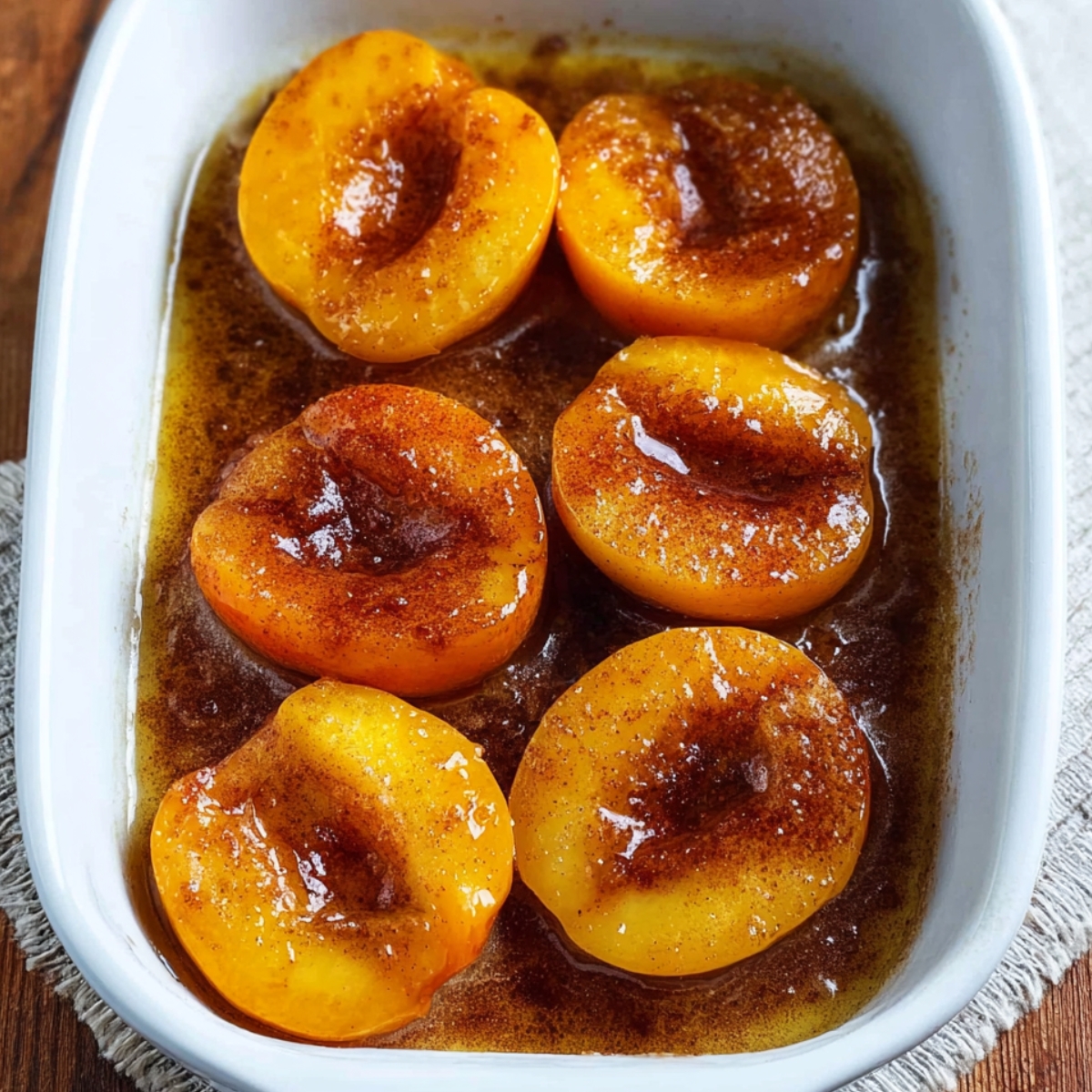 A baking dish containing several cinnamon-baked peach halves, glazed with cinnamon syrup