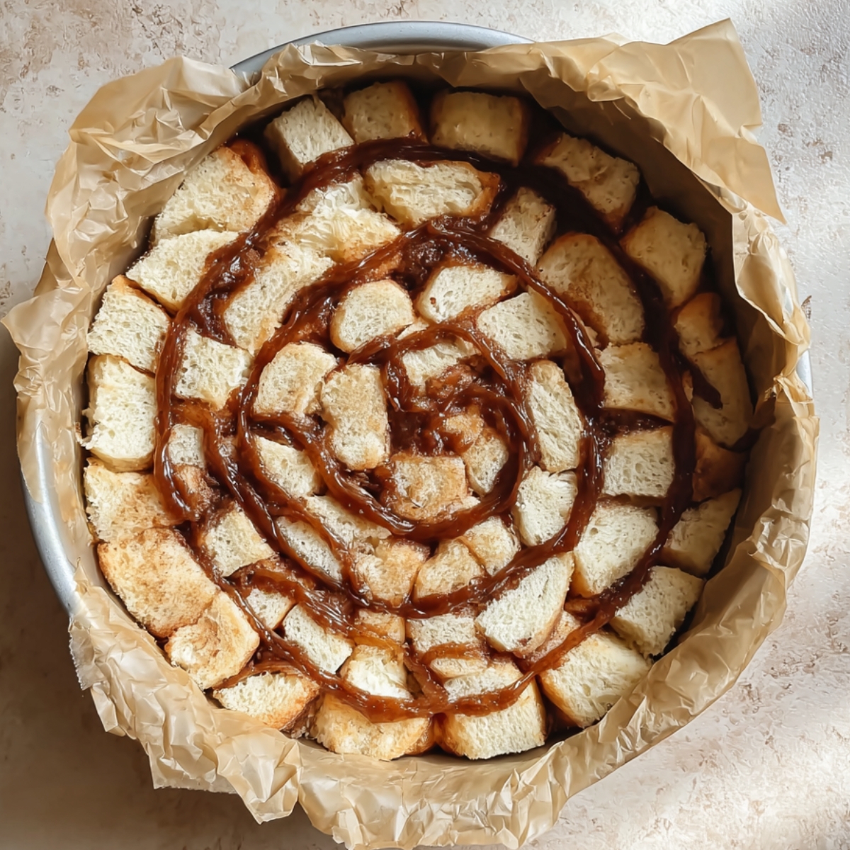 Overhead view of cubed brioche bread arranged in a round baking pan lined with parchment paper, topped with a spiral of cinnamon sugar filling for cinnamon roll bread pudding before baking.