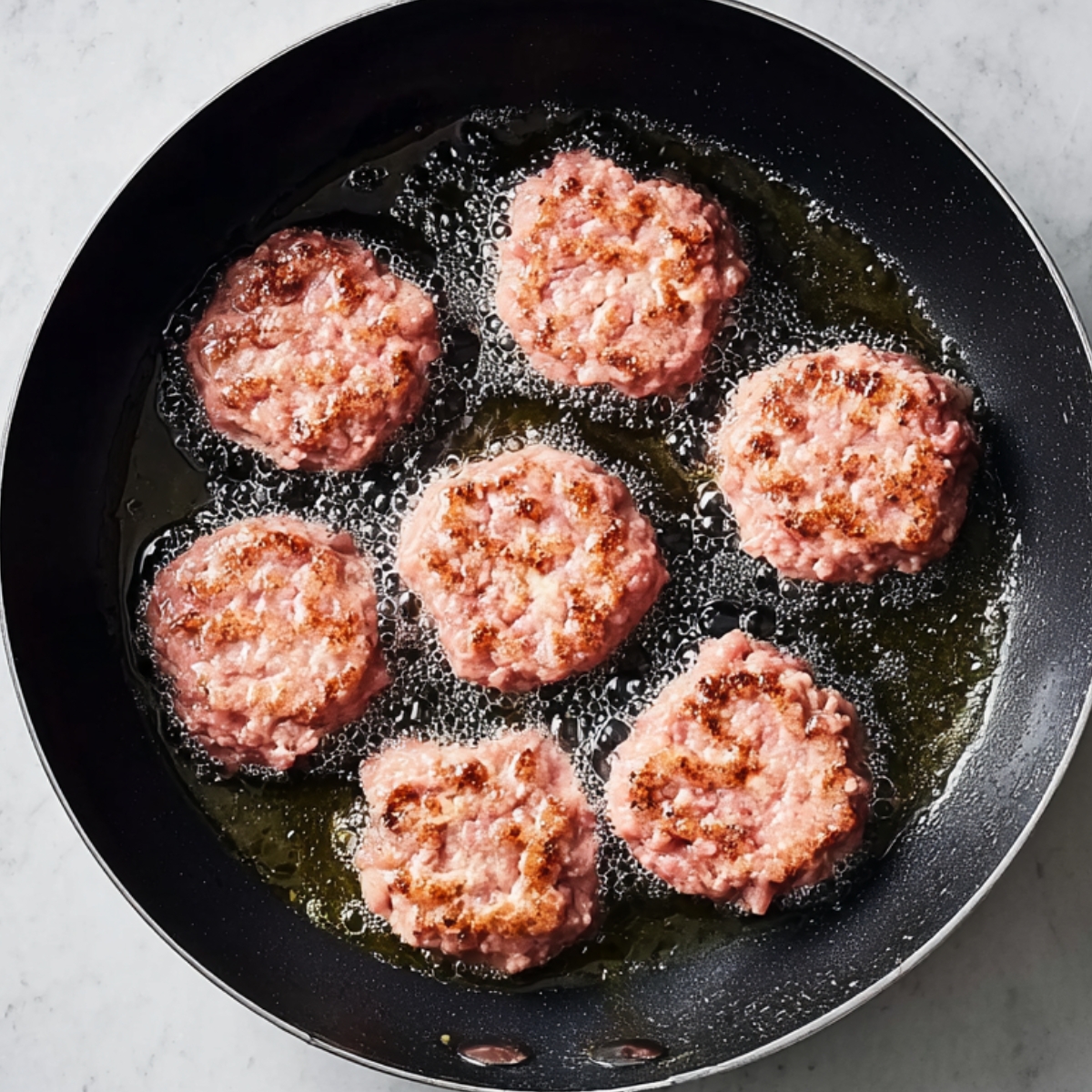 Classic breakfast sausage patties frying in a skillet with hot oil, browning and sizzling during cooking process.