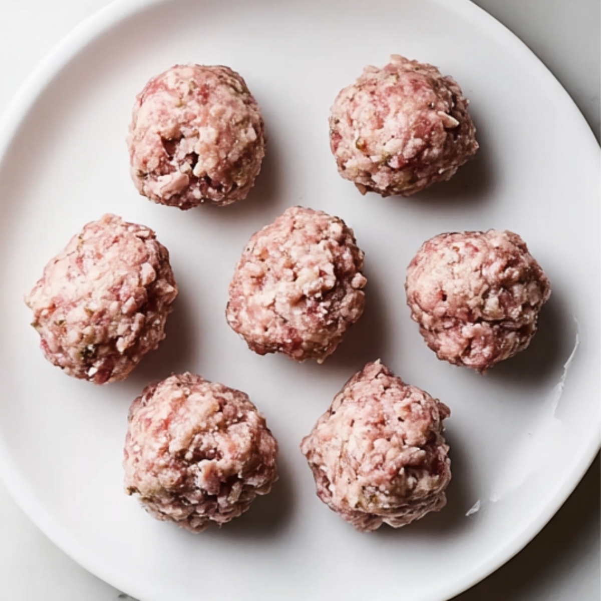 Raw homemade classic breakfast sausage meat shaped into round patties on a white plate before cooking.