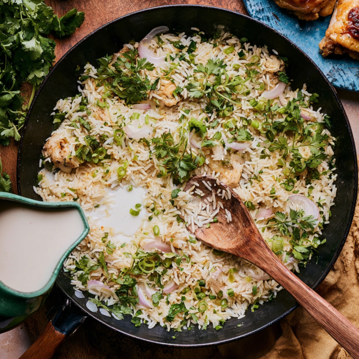 A skillet of coconut lime rice mixed with fresh cilantro, sliced red onions, and green onions, with a wooden spoon resting inside and a small pitcher of coconut milk beside it.