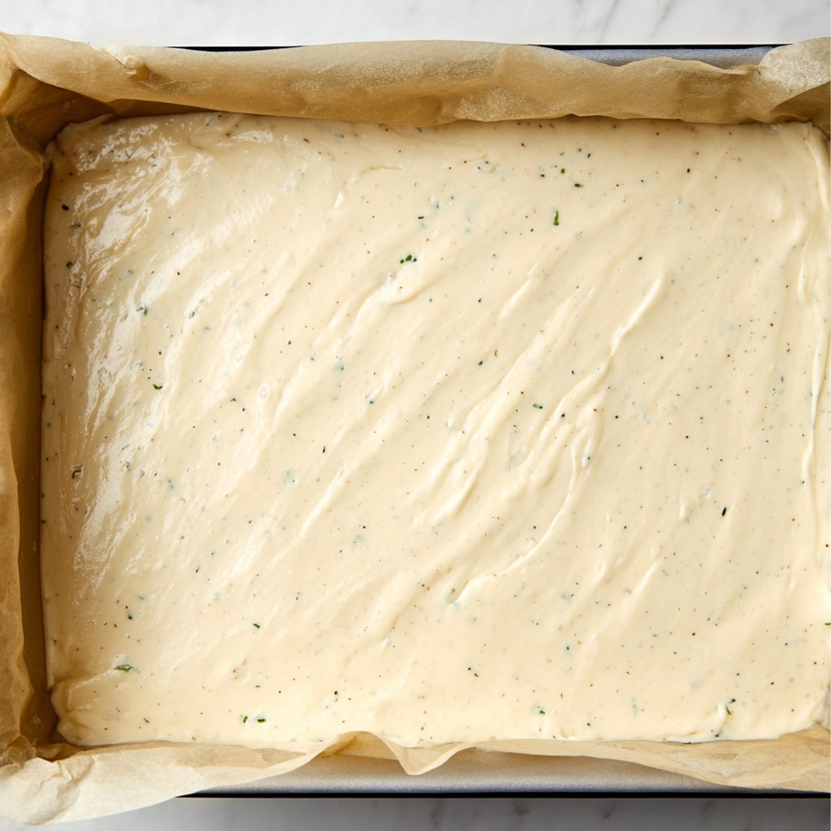 Fresh batter ready to bake – Smooth, creamy batter spread evenly in a baking dish, ready to be baked to golden perfection.