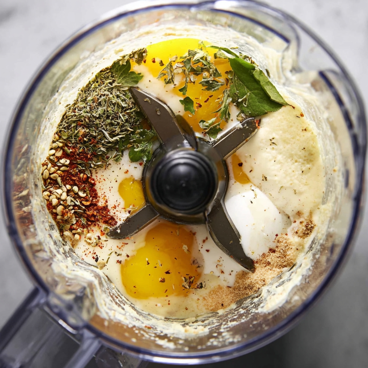 Blender filled with flavorful ingredients – A close-up of a blender with eggs, spices, herbs, and milk, all ready to be blended into a delicious mix.