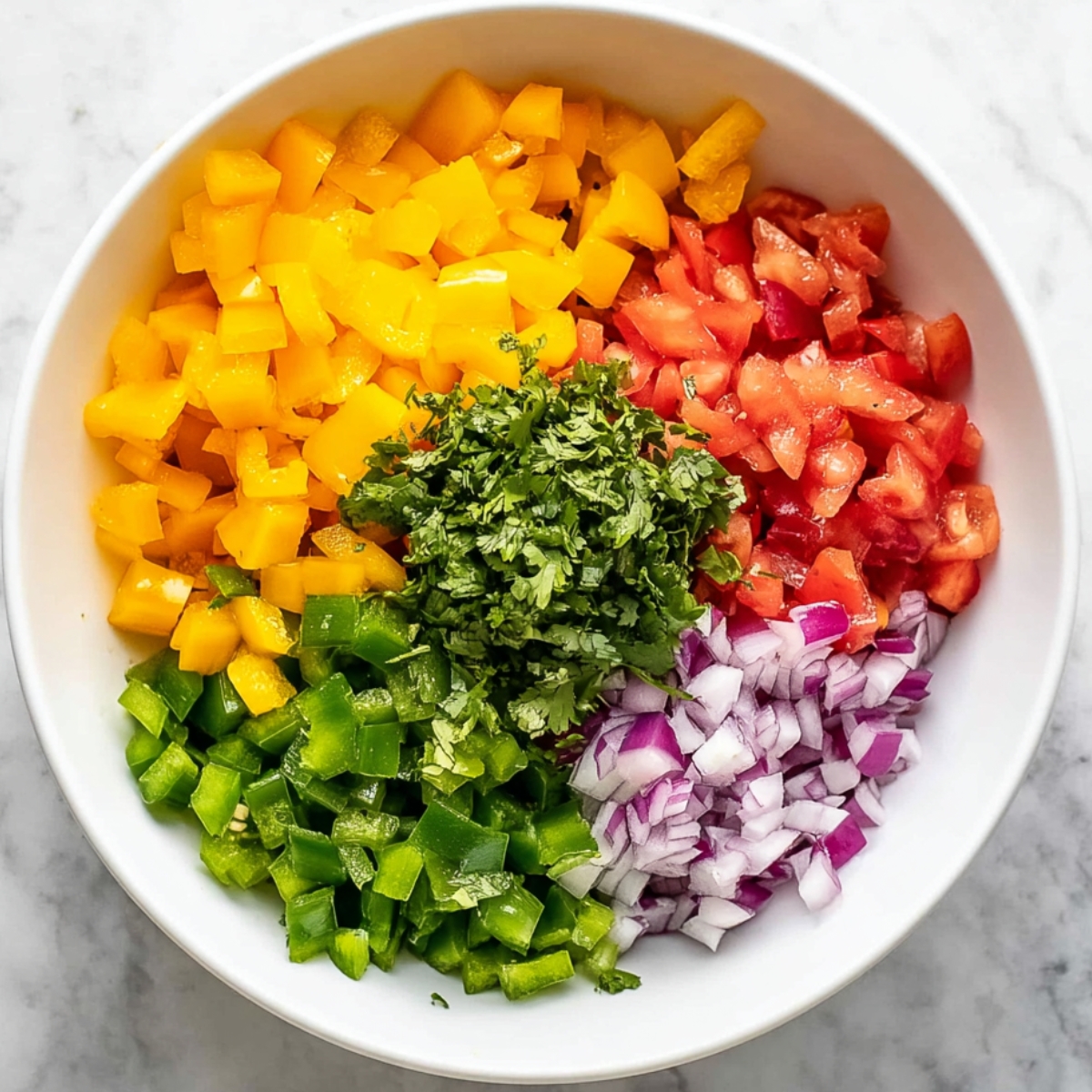 Overhead photo of a white bowl containing neatly chopped yellow bell peppers, diced tomatoes, green peppers, red onion, and fresh cilantro arranged in sections.