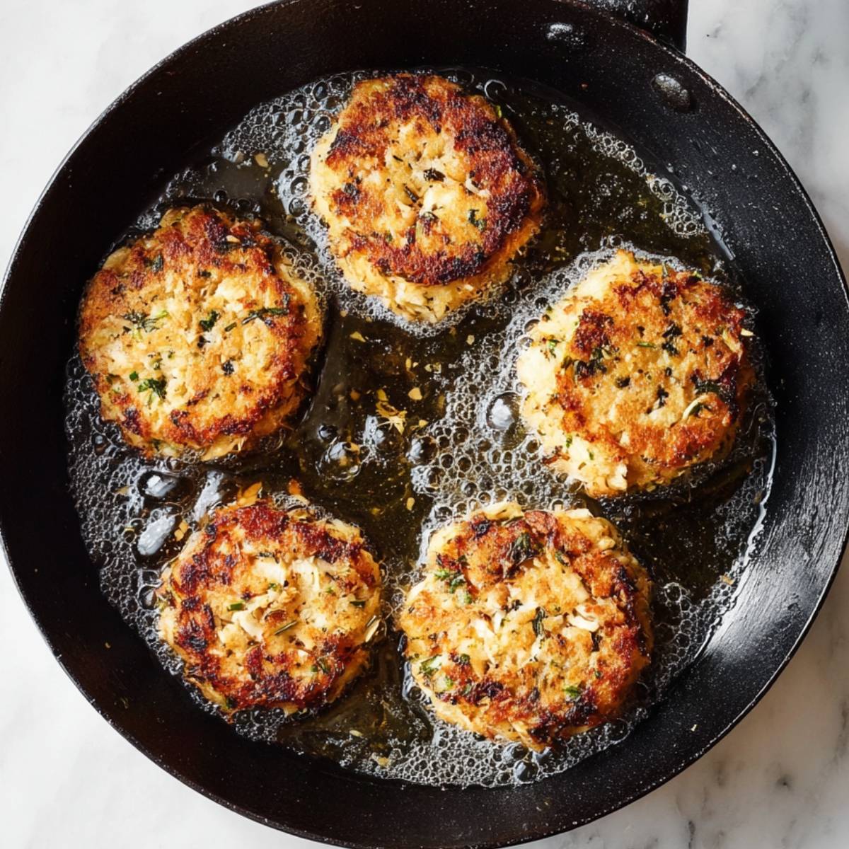Crab cakes frying in a cast iron skillet with bubbling oil, showing crispy browned tops and fresh herb flecks.