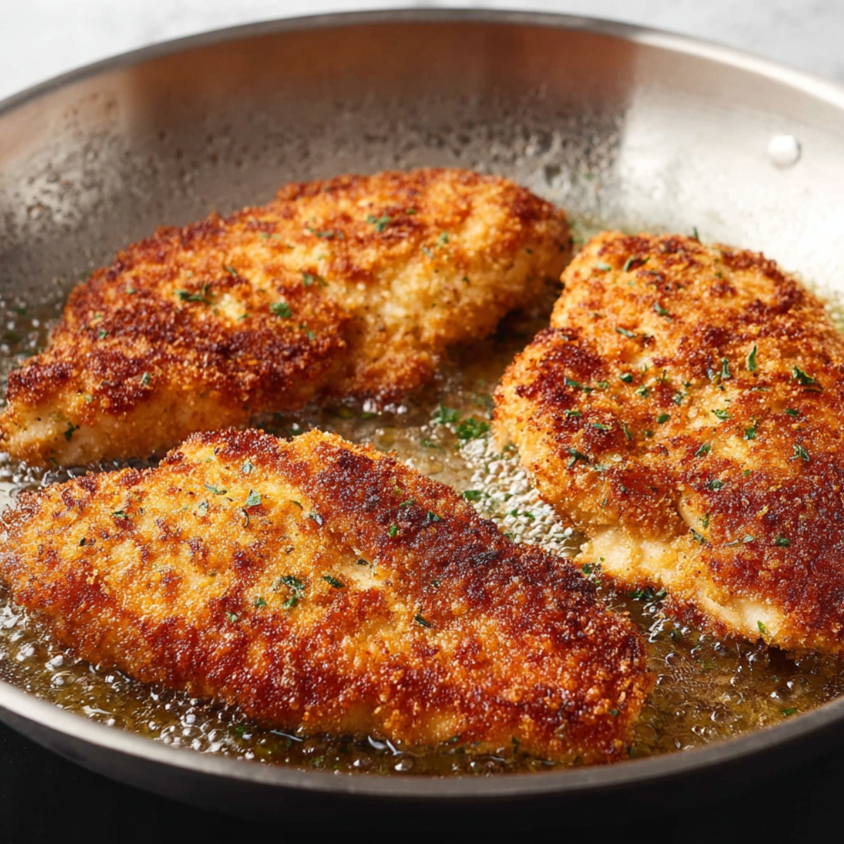 Golden brown chicken breasts frying in the pan, with a crispy texture from the breading.