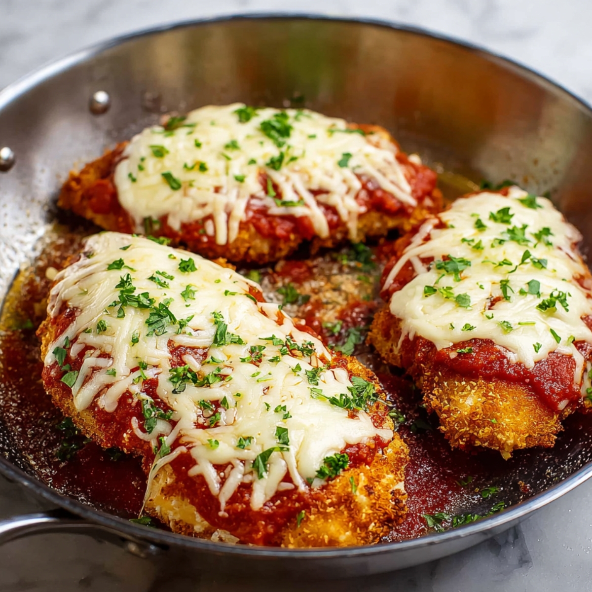 Crispy chicken breasts are topped with marinara sauce and melted cheese, with a garnish of fresh parsley, cooking in a skillet.