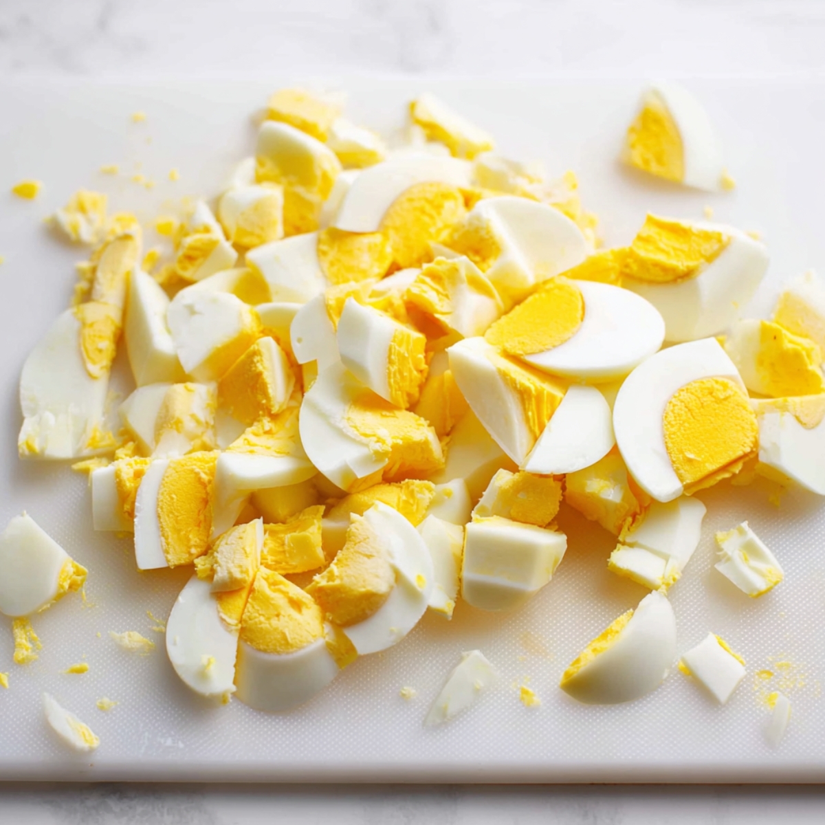 Close-up of chopped hard-boiled eggs on a cutting board, showcasing the yellow yolk and white egg pieces, a key ingredient in making a tasty egg salad.