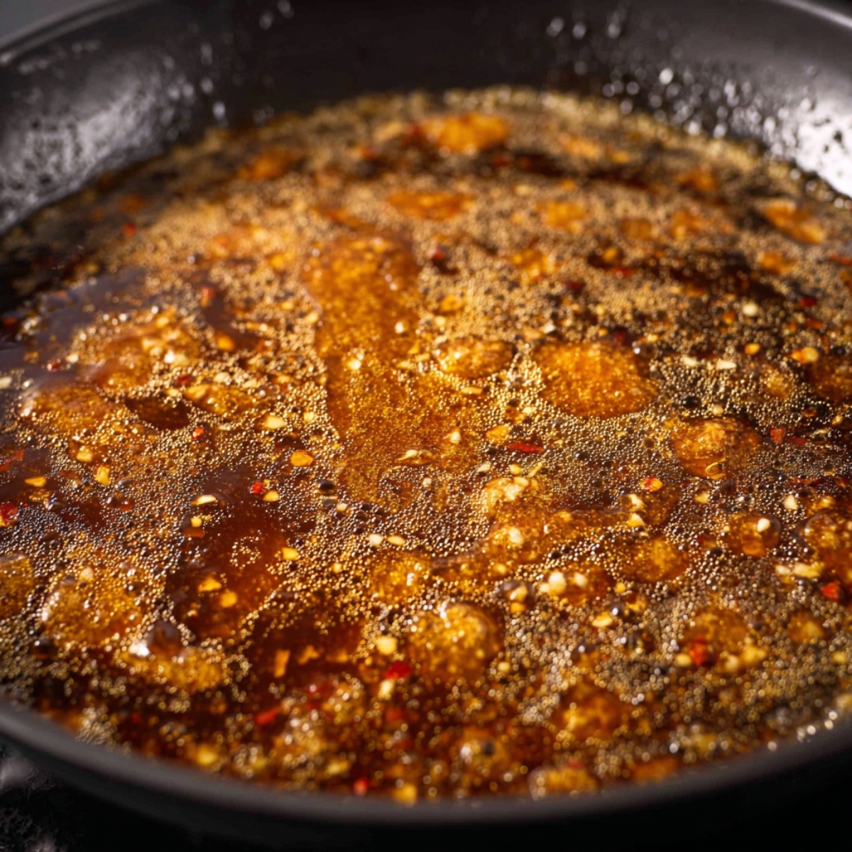 Sweet and savory honey garlic sauce simmering to perfection with garlic and a hint of spice.