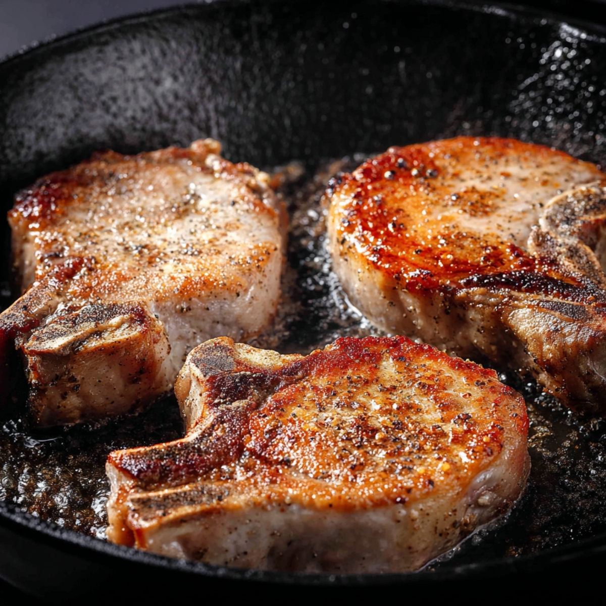 Golden bone-in pork chops sizzling in a hot skillet, forming a rich, caramelized crust.