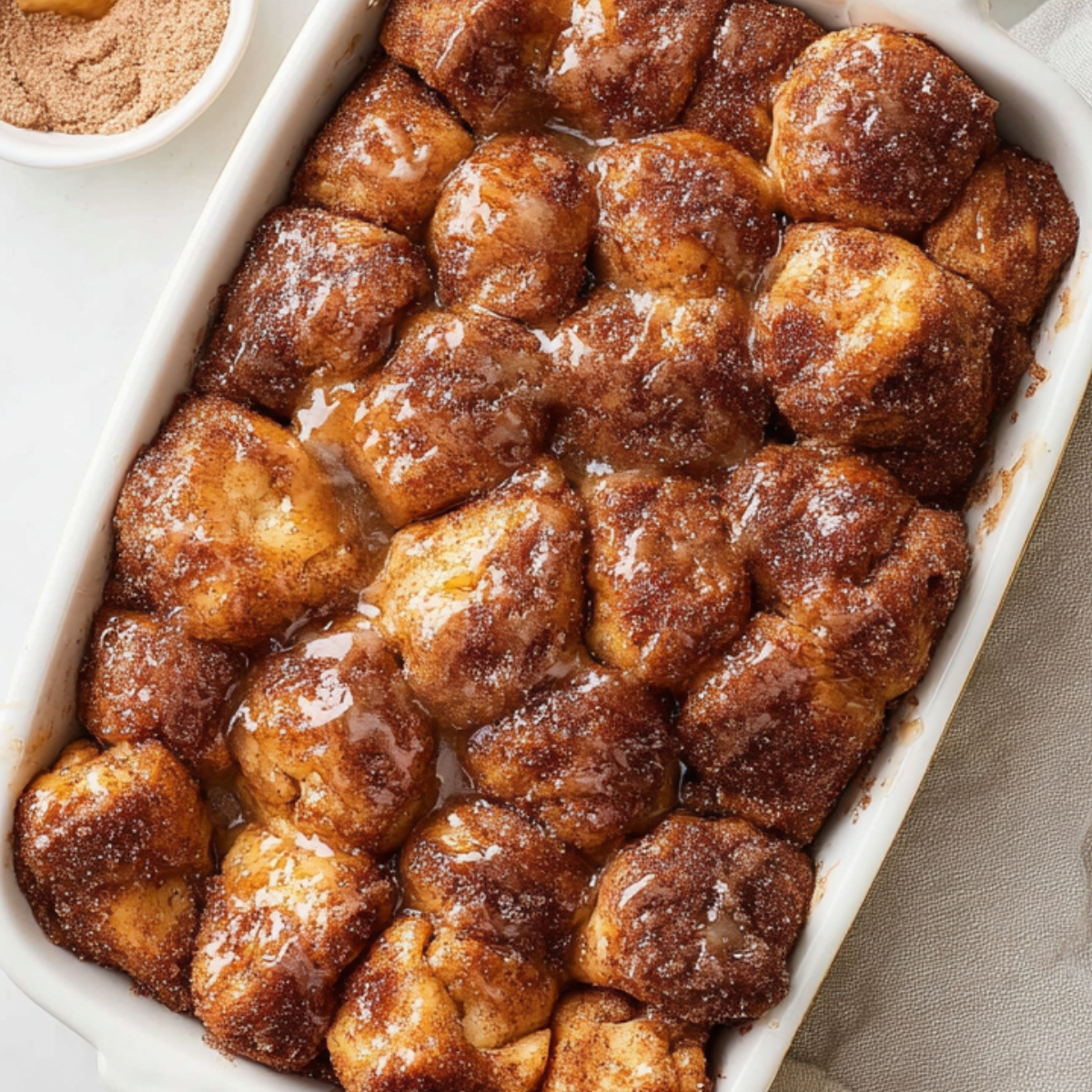 A delicious batch of monkey bread with glossy cinnamon glaze drizzled on top, the cinnamon sugar coating adding a beautiful sheen.