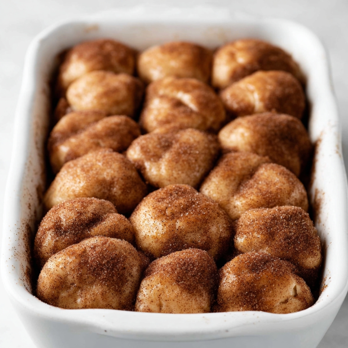 An image of raw monkey bread dough balls sprinkled with cinnamon sugar, ready to be baked into a warm, sticky dessert