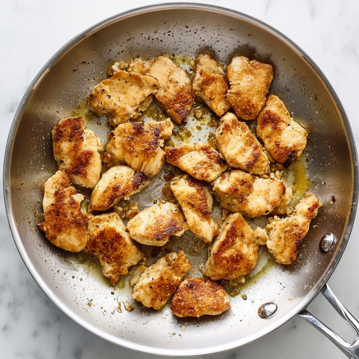 Perfectly seared chicken breast pieces, with crispy edges and a caramelized surface, cook in a sleek stainless steel skillet. The simple, natural presentation is beautifully highlighted by bright natural lighting and a clean marble countertop backdrop.