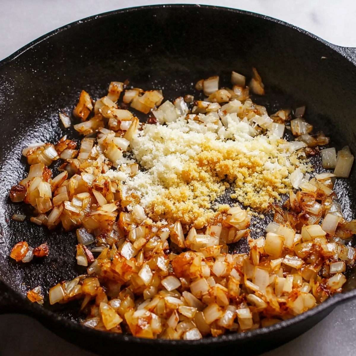 Close up of diced onions sizzling in a cast iron skillet, with grated garlic and aromatic spices melding together to create a flavorful base for a savory dish.