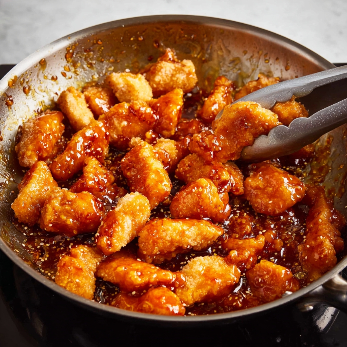 Close up of chicken pieces coated in a sticky, sweet sauce being tossed in a skillet. The sauce has a rich, amber color, covering the chicken chunks evenly as they cook.