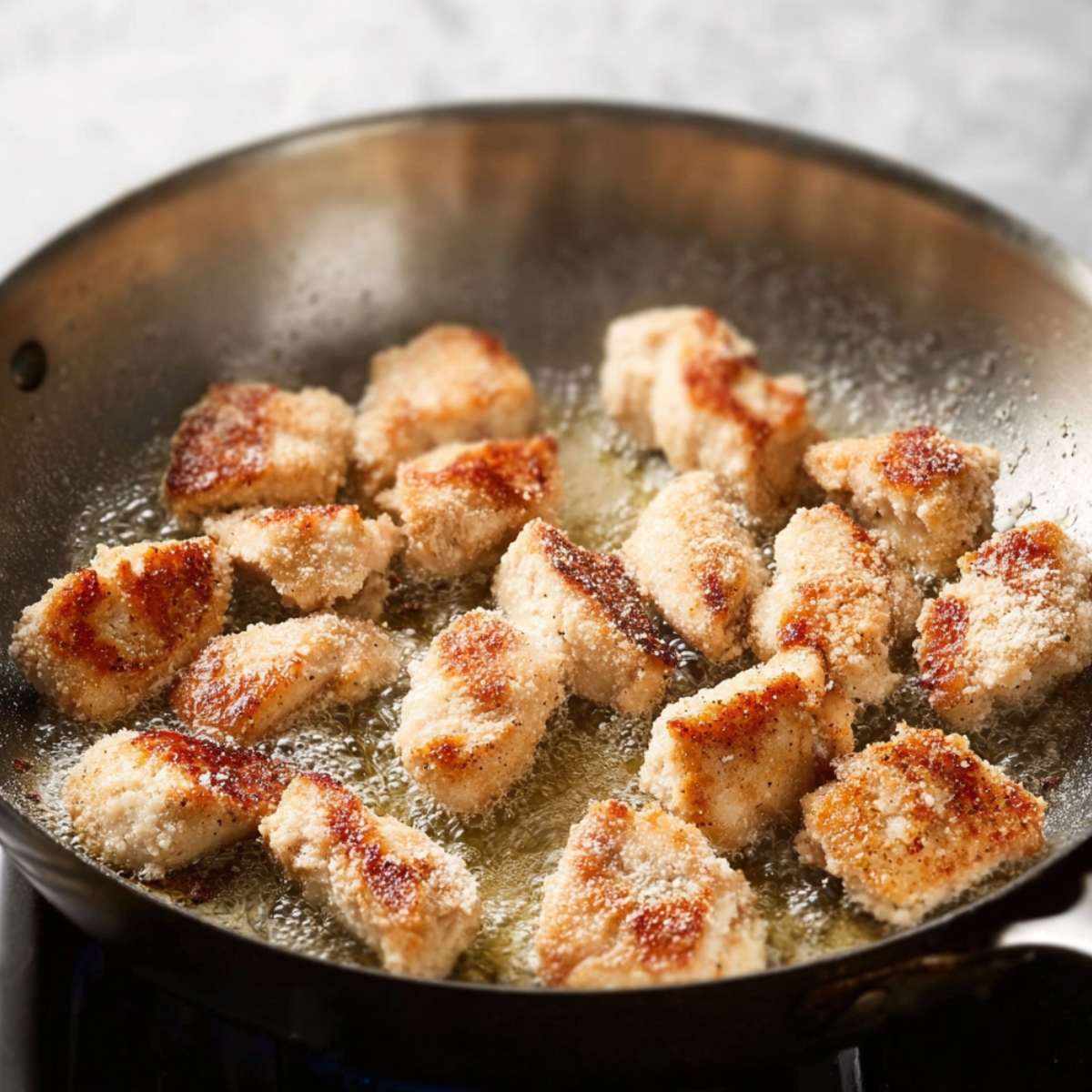 Close up of chicken pieces cooking in a skillet, lightly coated in flour, sizzling to a golden perfection.