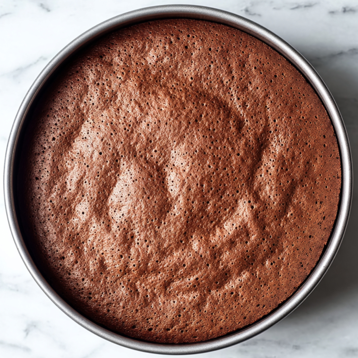 Freshly baked flourless chocolate cake in a round pan with a crackly top on a marble surface.