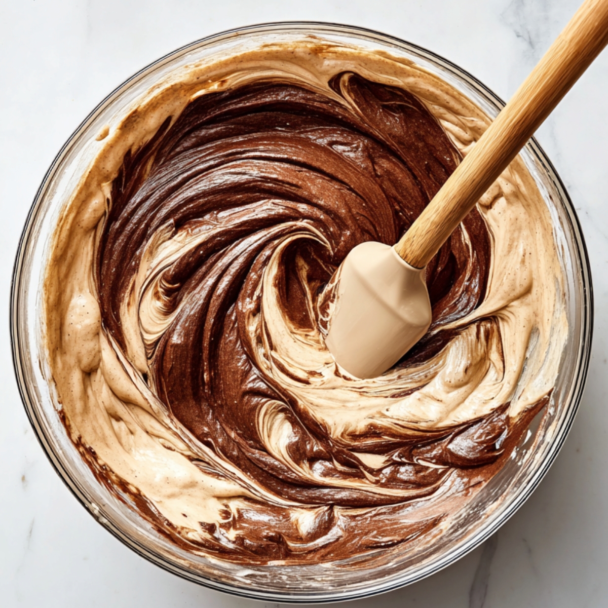 Swirled chocolate cake batter being mixed in a glass bowl with a spatula while preparing flourless chocolate cake.