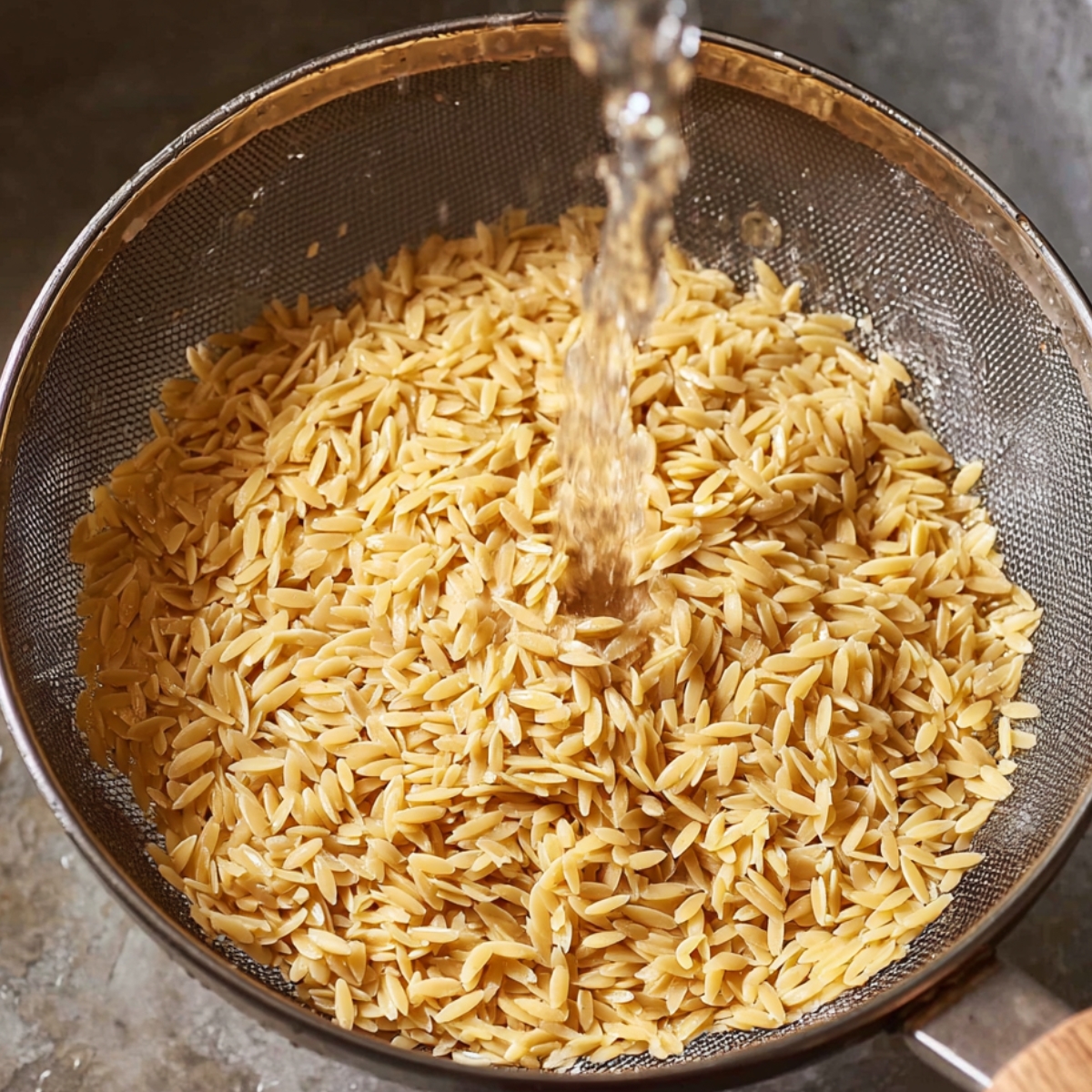 Cooked orzo pasta being rinsed under cold running water in a fine mesh strainer over a sink, viewed from above.